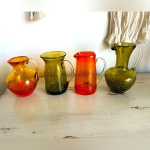 Blenko Vintage 1960s small glass pitchers, crackled glass